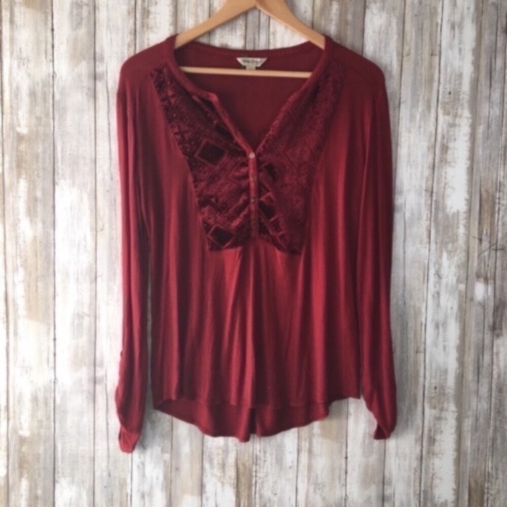 Lucky Brand Embroidered Boho Peasant Top Burgundy Rayon Blouse Large